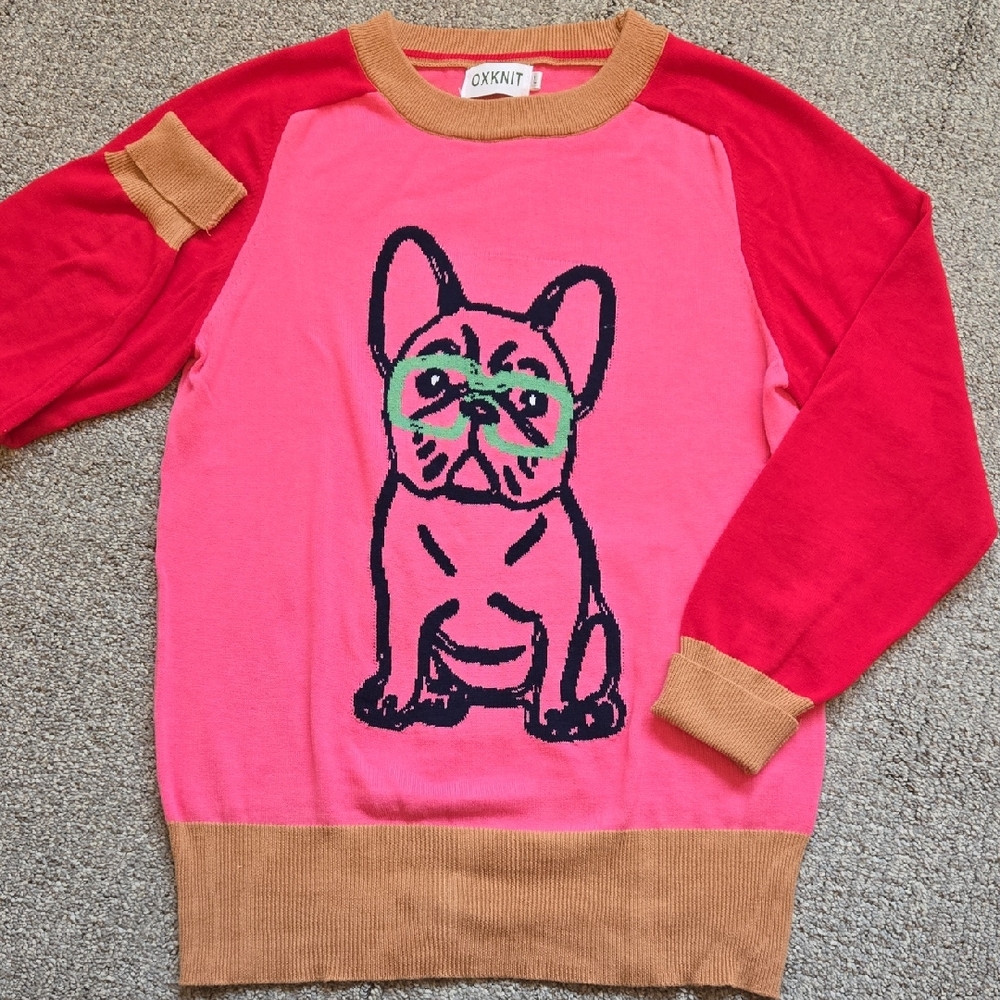 OXKNIT Pink & Red Crewneck Sweater with Dog Graphic